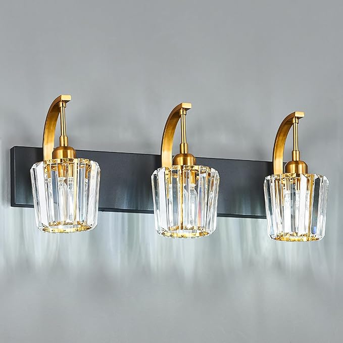FDPBY Modern Bathroom Vanity Light, 3-Light Black Gold Wall Sconce with Crystal Accents, Over Mirror Bathroom Lighting Fixture, 23.62" Long Dimmable Vanity Lamp for Makeup, Easy Installation