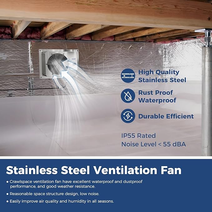 ALORAIR 570CFM Crawlspace Ventilation Fan with Humidistat, IP55 Rated Basement Stainless Steel Exhaust Fan, Built-In Isolation Net 8.1 Inch Foundation Vent Fan for Crawl Space, Garage, Attic,Grow Tent