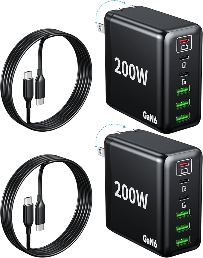 2 Pack USB C Charger Block 200W,6 Port Foldable Fast Charger Type C Charger iPhone 17 16 Fast Charging PD 3.1 Charging Station for All iPhone/Samsung Galaxy S25/S24/MacBook Pro/iPad