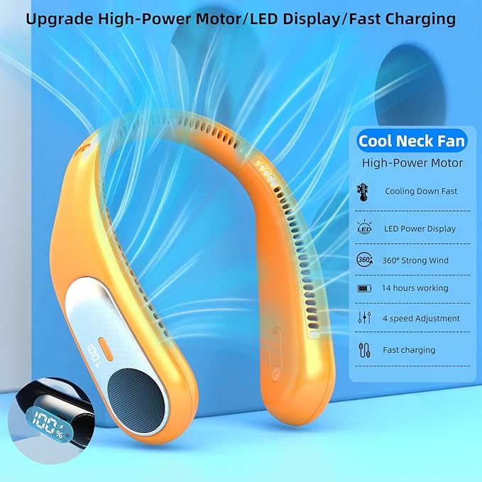 Portable Neck Fan,Personal Wearable Bladeless Fan,LED Display,4-Speeds,6000mAh USB Rechargeable,360° Strong Cooling Wind,Hands Free,White Elephant Gift,Christmas Gifts for Men Women Dad Mom (Orange)