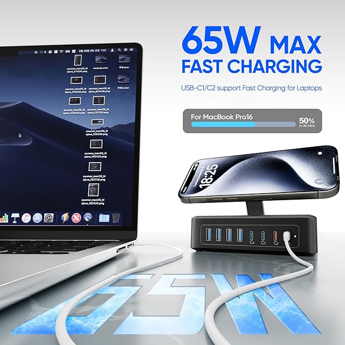 11-in-1 Charging Station USB-C Power Strip, 200W USB C Charger Block, 2AC Outlets 8USB Ports(4USB-C) Surge Protector, 5FT Flat Plug Extension Cord, PD65W Desktop Fast Charging for Home Office, Black