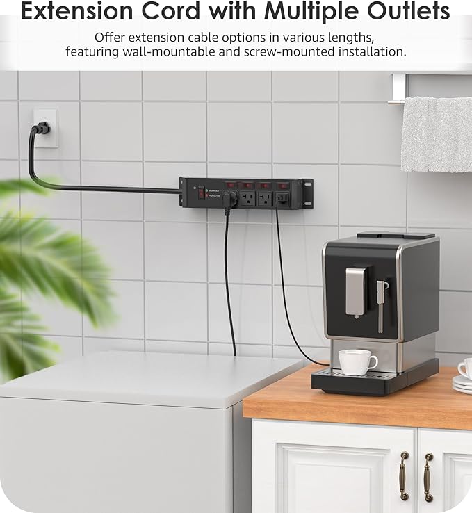 CCCEI Heavy Duty Surge Protector Power Strip 20 Amp Individual Switches. 4FT 12 Gauge Extension Cord with Multiple Outlets. Kitchen, Garage, Shop, Industrial Wall Mount Electric Extender, Black.