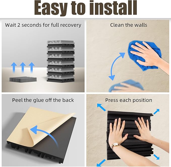 ZELMINE Upgrade 24 pack Self-adhesive Sound Proof Foam Panels,12" X 12" X 2" Acoustic Panels with High Density,Decorative Soundproof Wall Panels Sound Absorbing Foam for Wall and Ceiling(Black+Gray)