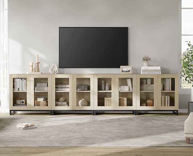WAMPAT Modern TV Stand with Glass Doors for 120 inch TVs, 4 in 1 Entertainment Center Console with Adjustable Shelves and Metal Base for Living Room, Bedroom, Light Oak
