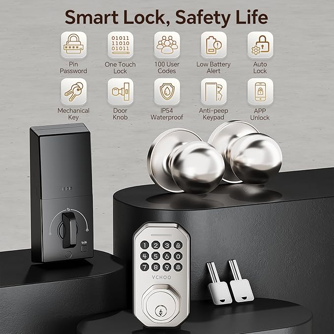 VCHOO Keyless Entry Door Lock Set Smart Locks for Front Keypad Door Lock with Handle Automatic Lock One Time Password Anti Peeping Password IP54, Satin Nickel