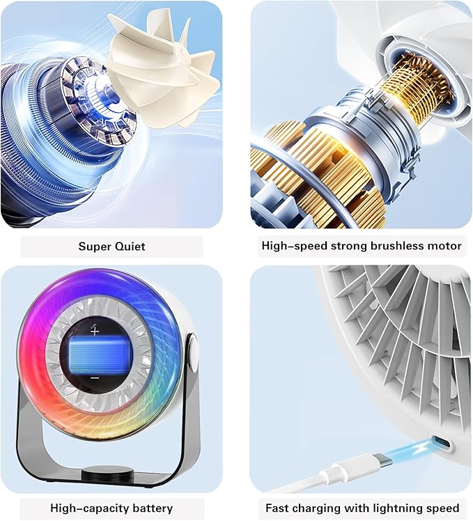 KKANDPP Desk Fans for Bedroom,Quiet Wall-Mounted Desk Fan with Remote,Portable Colored LED Light 100 Speed Digital Display USB Rechargeable Fan for Home Office Bedroom Camping Traveling(White)