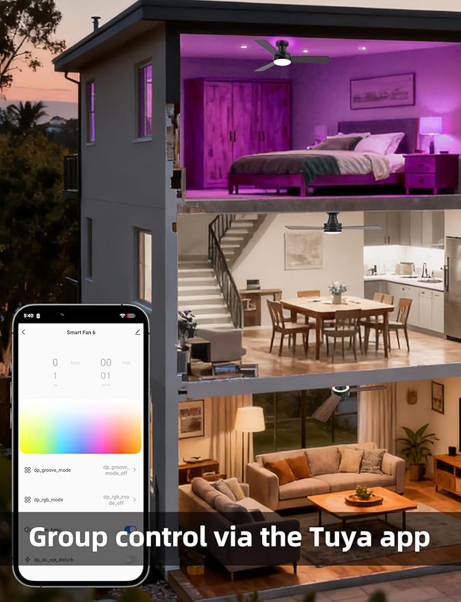 Homlit 42" RGB Ceiling Fan with Light, Music Sync Smart Fan with Alexa/Google/App Control, Low Profile Flush Mount, 6-Speed Quiet DC Motor, 4 CCT Dimmable Lighting for Bedroom Living Room, Black