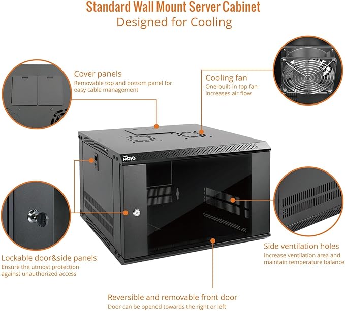 Tecmojo 6U Wall Mount Server Cabinet IT Network Rack Enclosure Lockable Door and Side Panels Black, Cooling Fan, Standard Glass Door, 450mm Depth, for 19” IT Equipment, A/V Devices