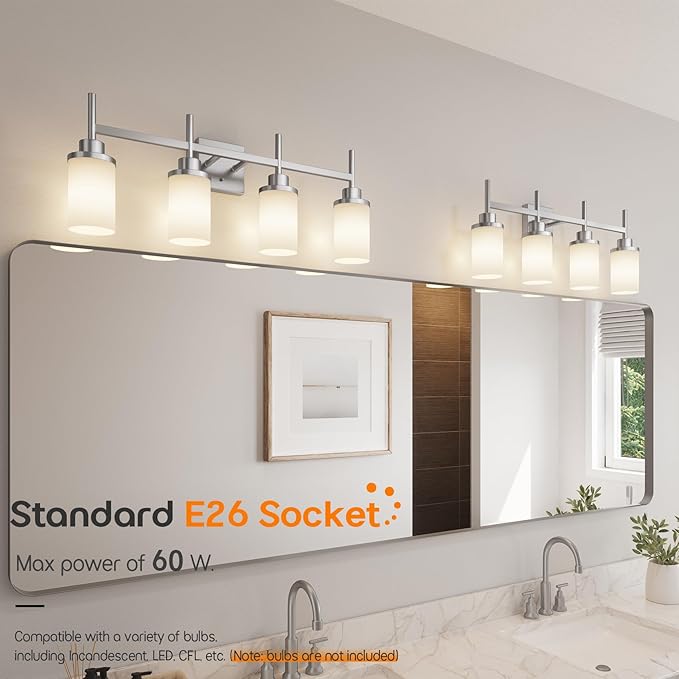 AONEON 4-Light Vanity Lighting Fixtures with White Frosted Glass Shade, Brushed Nickel Bathroom Wall Lamps Over Mirror for Bath Restroom Kitchen T001BR-L4