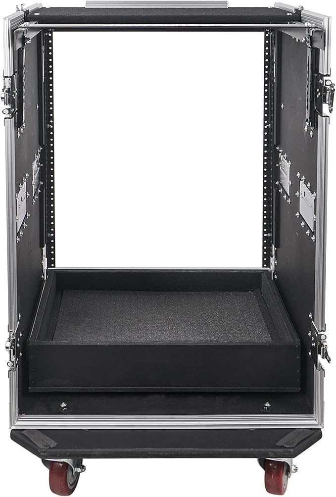 Sound Town 16U PA DJ Pro Audio Rack/Road ATA Case with 2U Drawer, 11U Slant Mixer Top, Two DJ Work Tables, Casters, Pro Tour Grade (MR-DR16UT2)