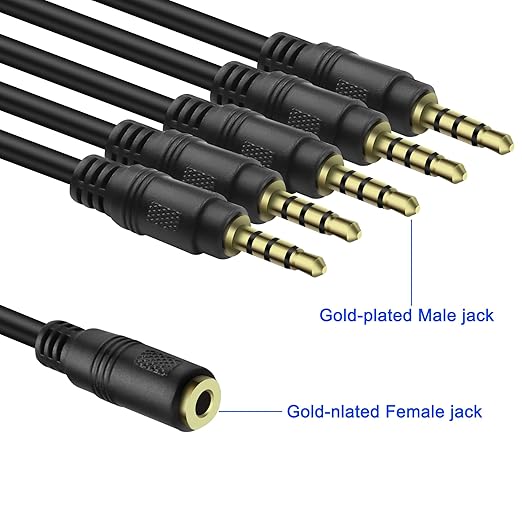 MEIRIYFA 3.5mm Headset Splitter Cable 1/8" 4-Pole/3-Rings TRRS 1 Female to 5 Male Stereo Jack Audio AUX Headphone Splitter Cable 1 Input 5 Output Headphone Headset Extender Cord-50CM