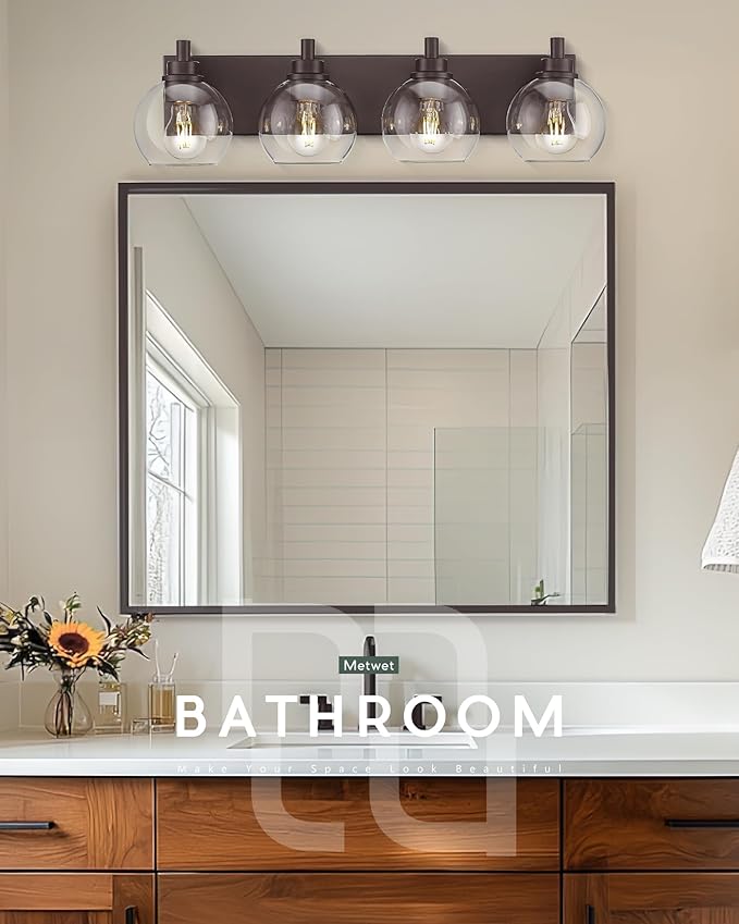 METWET Bathroom Light Fixtures Over Mirror, 4-Light Oil Rubbed Bronze Bathroom Vanity Light with Globe Clear Glass Shade, 26 Inch Modern Sconces Wall Lighting, VL195-ORB-4