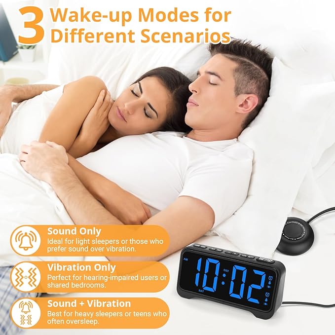 Loud Alarm Clock for Heavy Sleepers Adults, Vibrating Bed Shaker Alarm Clock for Teens/Deaf People, 7.5" Large Screen Digital Alarm Clock, Dual Alarm, Nightlight, Brightness Adjustable, Bedroom, Dorm