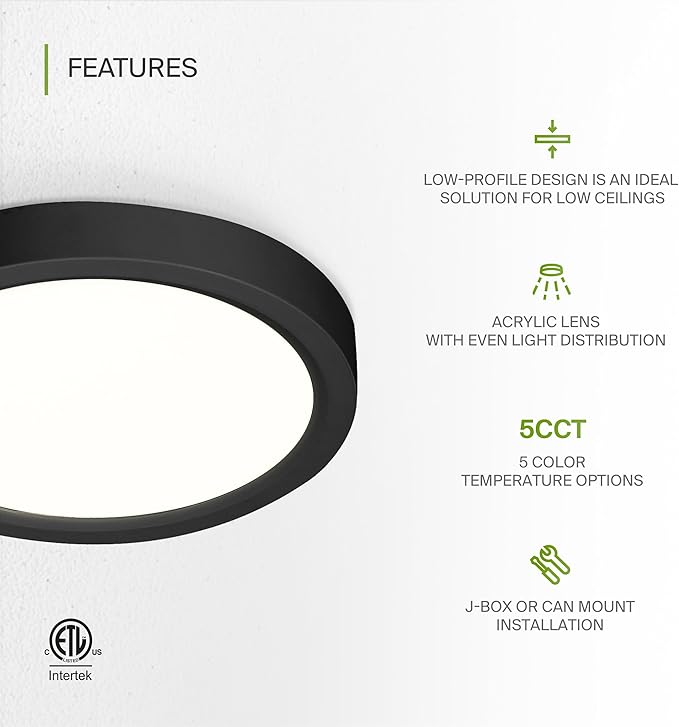 ASD LED 5" Round Flush Mount Ceiling Light Fixture, Low Profile Surface Lighting | 5CCT, Dimmable, Ultra-Thin, ETL Listed | 10W 700LM 2700-6000K 120V | Kitchen, Bedroom, Hallway Lamp | Black