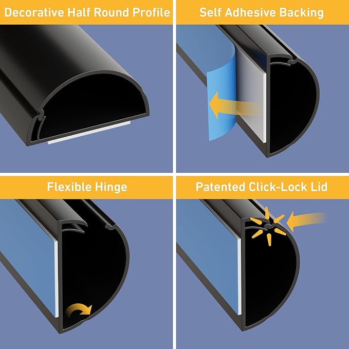 D-Line 31.4in TV Cord Hider, Patented Half Round Cable Cover, Hide Wall Mount TV Wires, Hinged One-Piece Cable Concealer, Adhesive, Decorative Raceway - 2X 1.18in W x 0.59in H x 15.7in L - Black