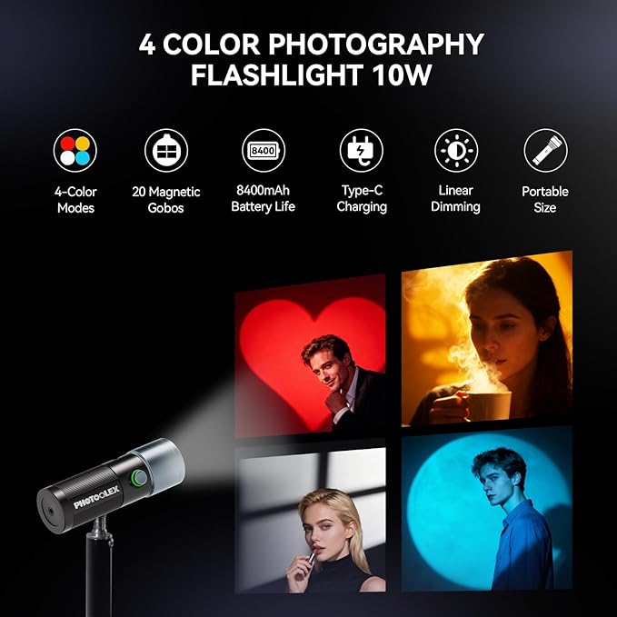 PHOTOOLEX 4 Colors Photography Flashlight with 20 Magnetic Pattern Gobos, 8400mAh Portable Spotlight, 10W LED Studio Light for Photo, Content Creation Accessories
