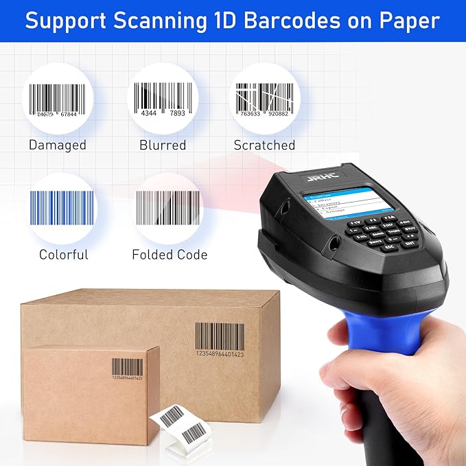 Inventory Scanner Wireless, JRHC 1D Laser Barcode Scanner with Charging Base Barcode Reader Data Terminal Data Collector 2- in -1 USB Connection & 2.4G Wireless Bar Code Scanners with Screen