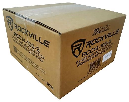 Rockville RCC14-100-2 14 AWG 100ft CCA Speaker Wire, CL2 Rated, in-Wall Ceiling, 70V Compatible, Flexible PVC Jacket, 2-Conductor Design, for Home Theater and Commercial Audio
