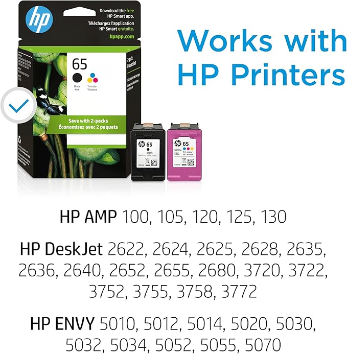HP 65 Black/Tri-Color Ink Cartridges Printers (2-Pack) | Works with Printer Series: AMP 100, DeskJet 2600, 3700, Envy 5000 | Eligible for Instant Ink | T0A36AN, Pack of 24