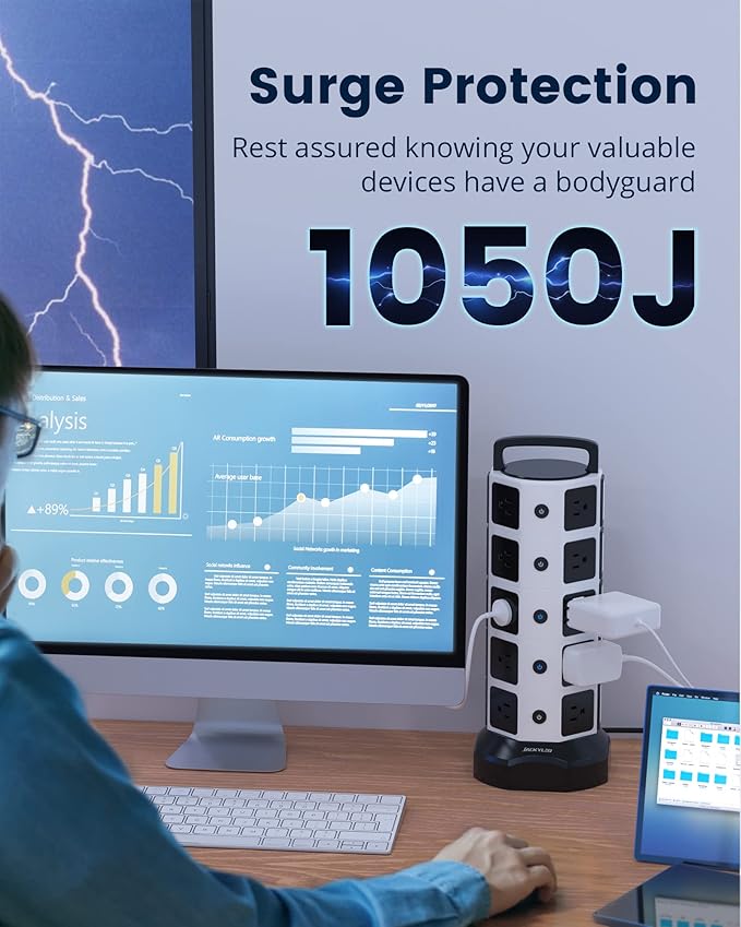 Power Strip Tower Surge Protector, 20 Outlets 6 USB (2 USB C) Charging Station, Extension Cord with Multiple Outlets, 1050J 1625W/13A Outlet Extender 6.5ft Extension Cord for Home Office