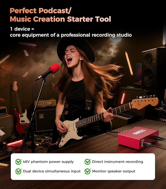 TISINO Audio Interface 24Bit/192kHz, USB Audio Interface for Recording, Songwriting, Streaming and Podcasting, Plug & Play Studio Interface with 48V Phantom Power, PC/Mac/iOS Compatible,RED