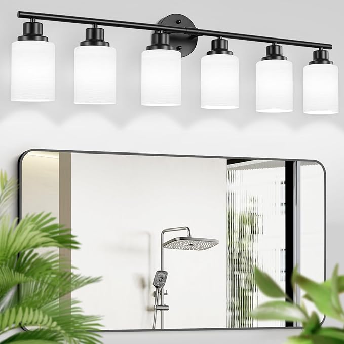 Guliaofo 6-Light Bathroom Light Fixtures, Vanity Lights for Mirror with Textured Milky White Glass Shade, E26 Base Modern Kitchen Light Fixtures Wall Sconce Light - Black