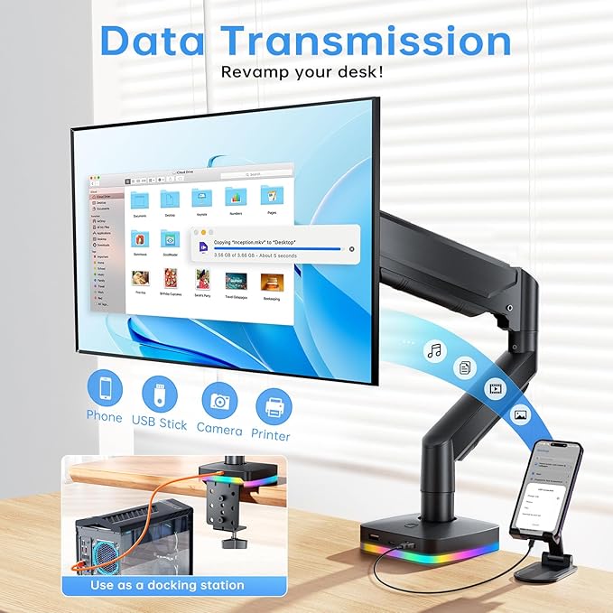 RGB Single Monitor Stand, Gas Spring Monitor Arm with 3 USB Ports, Charging and USB Data Transfer Function, Desk Mount for 13"-32" Monitors up to 19.8lbs, Adjustable Height, Tilt, Swivel, Rotate