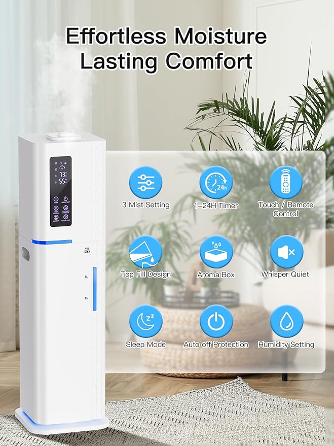 Zeova 10L/2.64Gal Humidifiers for Bedroom, Top Fill Quiet Ultrasonic Cool Mist Humidifier Large Room, Covers 550ft², 60H Runtime, 24H Timer, 3 Mist Modes Humidifiers for Home, Office, Plants, White