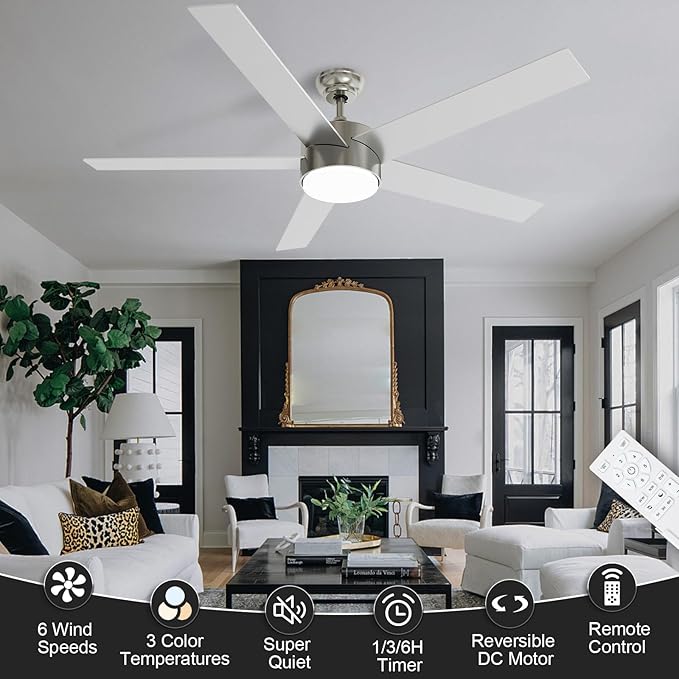 POCHFAN 60 Inch Brushed Nickel Ceiling Fans with Lights and Remote Control, Quiet Modern Ceiling Fan for Bedroom, Living Room,Dining Room,Dimmable 3-Color Temperatures 6-Speed