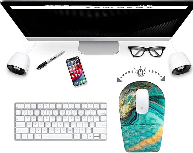 BOCHEERY Ergonomic Mouse Pad Wrist Support,Upgrade Mousepad with Massage Design,Non-Slip PU Base Desktop Mouse Pads for Pain Relief, Computer, Office & Home,12 x 8 in（F-Golden Green Marble）