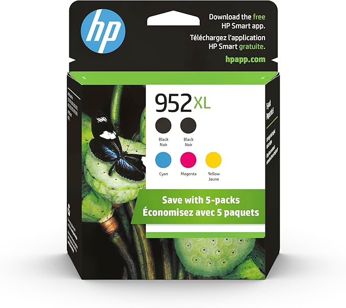 HP Original 952XL Black, Cyan, Magenta, Yellow High-Yield Ink Cartridges (5-Pack) | Works OfficeJet 8702 OfficeJet Pro 7700, 8210, 8700 Series | Eligible for Instant Ink | 6ZA00AN