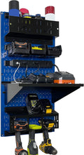 Wall Control Power Tool Storage Organizer Kit Cordless Drill Holder Charging Station Rack 16” x 32” Metal Pegboard Organization System (Blue Pegboard)