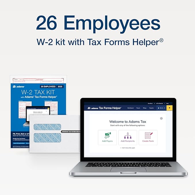 Adams W-2 Forms 2025, 6-Part Kit for 26 Recipients, Includes 26 Envelopes, 3 W-3 Forms, QuickBooks Compatible, eFile Access and Printing Through Adams Tax Forms Helper Software (1017238)
