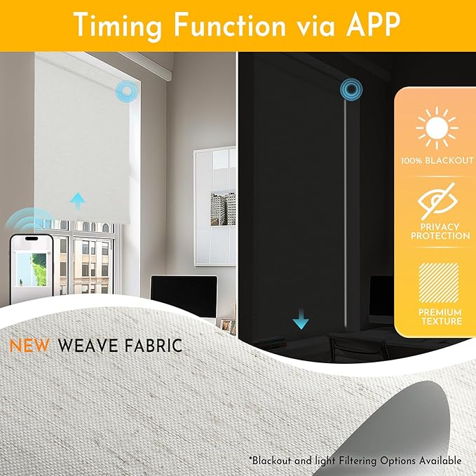 Persilux Smart Motorized Blinds with Remote, No Drill Automatic Roller Shades for Indoor Windows, Blackout Linen Fabric, Electric Blinds for Windows, Weave Mat C162BO-2, Custom Size