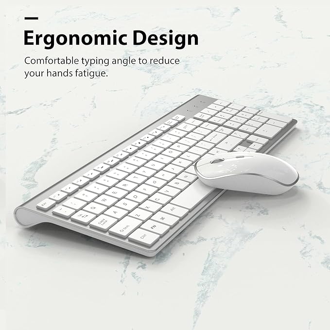 J JOYACCESS Wireless Keyboard and Mouse, Slim Wireless Keyboard Mouse with Numeric Keypad Compatible with iMac Mac PC Laptop Tablet Computer Windows (Silver White)