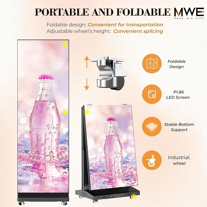 MWE LED Digital Signage Display with Flight Case, P1.86 Spliceable LED Poster Screen with Publishing System, Foldable Advertising Display Kiosk for Events and Rentals, WiFi/USB/HDMI (1 Panel), Black
