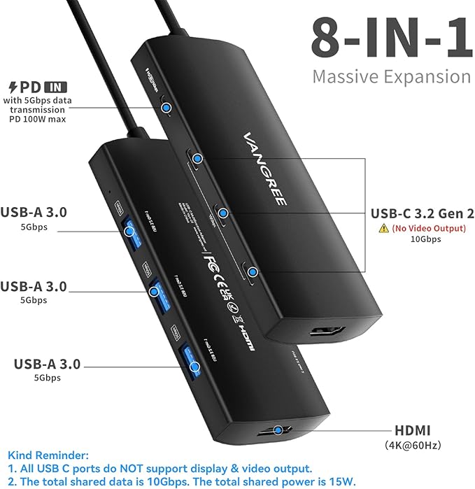 USB C Hub 8 in 1 Multiport Adapter, 3 USB 3.2 Gen 2 Ports with 10Gbps, 3 USB-A 3.0 5Gbps, 4K@60Hz HDMI, 100W PD, USBC Splitter for MacBook Pro, iPad Pro, Mac mini and More(Not Support USB-C Monitor)