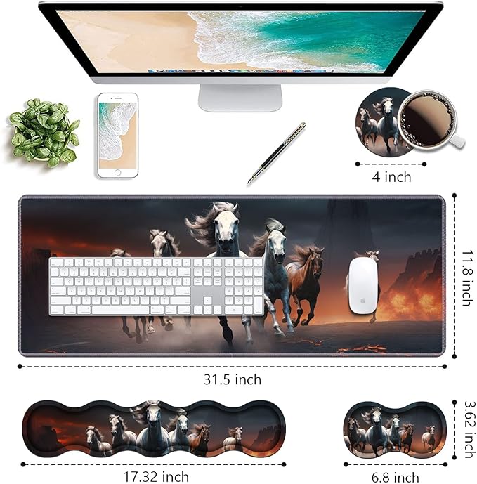 Ergonomic Keyboard Wrist Rest & Mouse Pad Wrist Rest Set, Large XXL Gaming Desk Mat 31.5"x 11.8" with Non-Slip Base, Memory Foam, Easy Typing Pain Relief for Home & Office, Running Horses