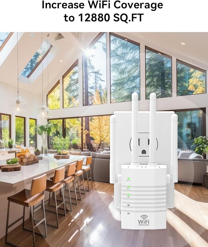 WiFi Signal Booster with 4 Directional Antennas – 1200Mbps Dual Band (5GHz/2.4GHz),WiFi Extender Covers 12,880 Sq.ft, Easy Home Setup and 105-Device Support