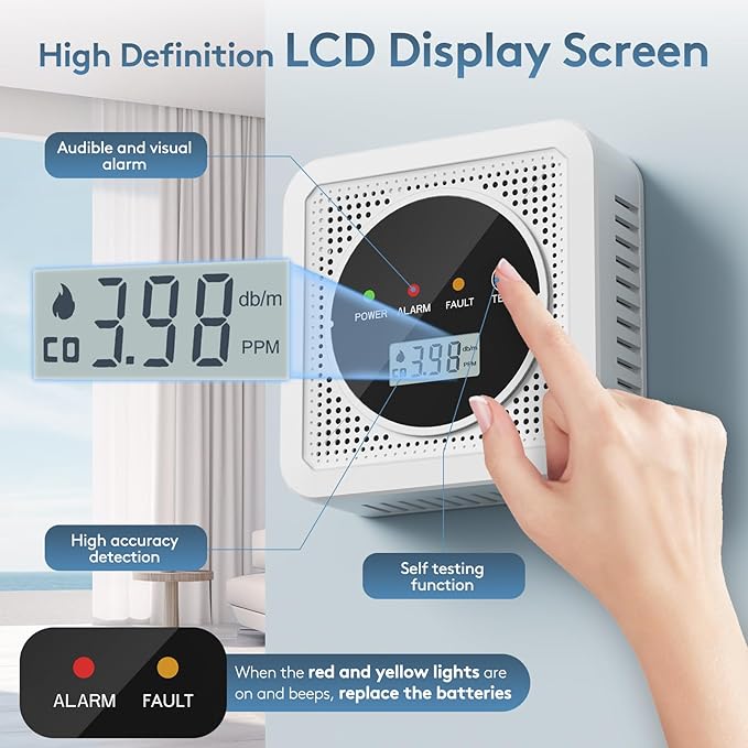 2 in 1, Carbon Monoxide Detectors,Smoke Detector,Smoke Combination CO Alarm,85db Alarm,LCD Large Screen,with 3*AA Batteries,Test Button,Low Battery Warning,Easy Install