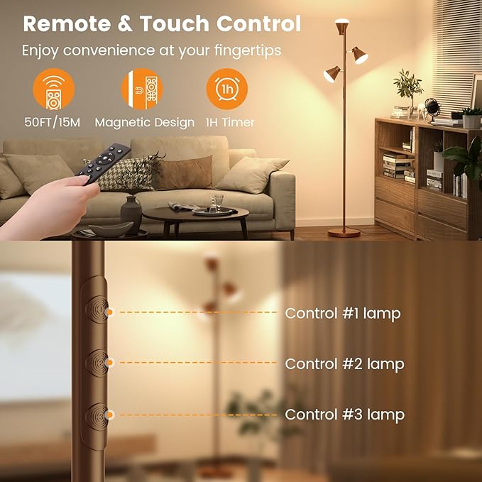 SIBRILLE 36W LED Tree Floor Lamp, Dimmable Tall Standing Lamp with Remote & Touch Control, 4 Color Temperatures Bright Floor Lamp, 3 Rotatable Light Modern Floor Lamps for Living Room Bedroom Office