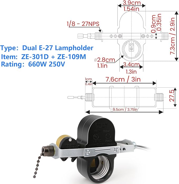 Dotlite Zing Ear ZE-310D Light Socket Pull Chain Switch, 660W Daul E27 Lamp Holder with ZE-109M Swith for Ceiling Fan Light Kit Replacement Parts