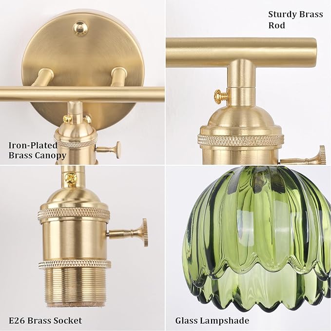 Shenmoyl Battery Operated Bathroom Light Fixtures, 3-Light Brass Vanity Wall Light with 5000mAh Rechargeable Bulb Over Mirror with Green Tulip Glass Shade for Bedroom Living Room