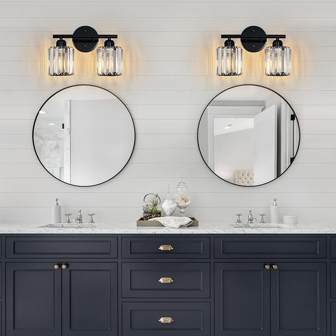 FDPBY Modern 2 Light Crystal Vanity Light, Plating Black Vertical Bathroom Light Fixture Over Mirror for Dressing Table Sink, Compatible with Dimmable Bulbs (Bulbs Not Included)