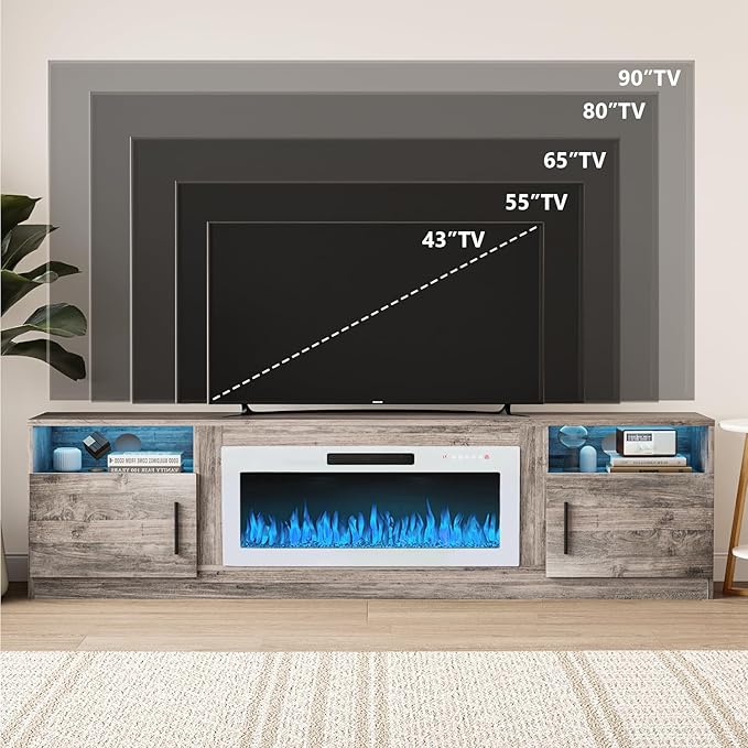VITESSE TV Stand Fireplace with 36" inch Electric Fireplace Up to 90" TVs, LED Light Entertainment Center, 80" Modern Wood High Gloss with Highlight Storage Cabinet for Living Room (Gray)