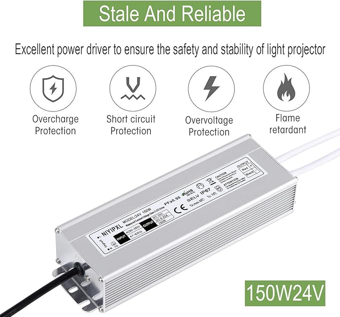 LED Driver 150 Watts 24V DC Low Voltage Transformer， Waterproof IP67 LED Power Supply, Adapter with 3-Prong Plug 3.3 Feet Cable for Any 24V DC led Lights, Computer Project, Outdoor Light
