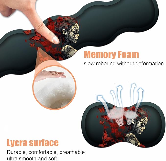 Ergonomic Keyboard Wrist Rest & Mouse Pad Wrist Rest Set, Large Gaming Desk Mat 31.5"x 11.8" with Non-Slip Base, Memory Foam, Easy Typing Pain Relief for Home & Office, Tattooed Girl and Red Butterfly