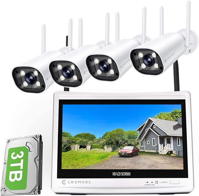 Cromorc Expandable 16CH NVR Wireless Security Camera System with 12.5" Monitor, 4PCS 5MP Surveillance Camera Human Detection, Spotlight, Siren Alarm, 2-Way Audio, Night Vision, 3TB HDD