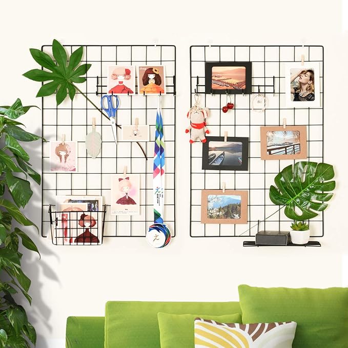 PAMANO Wall Photo Grid Shelf, Wall Hanging Ins Art Display Grid Panel for Decor & Storage, Metal Wire Notice & Memo Board, Mesh Tool Organiser Frame 2 Pcs (Black, 25.6 x 17.7 inches)