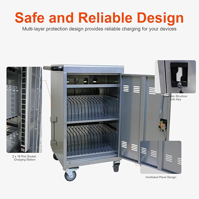 Aokleo Laptop Charging Cart,32 Devices Tablet Storage Carts for Pad Up to 16.3" Screen Size, Classroom Computer Mobile Charging Station for Pads,Chromebooks,Laptops,Security Storage (30+2 Bay-Silver)